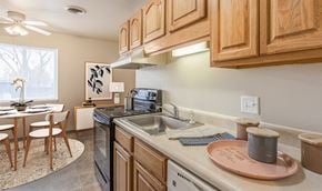 Rochester townhouse for rent - Kitchen with Black Appliances and Oak Cabinets