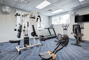 Fairport apartment for rent - a gym with weights and cardio equipment in a resident amenity space