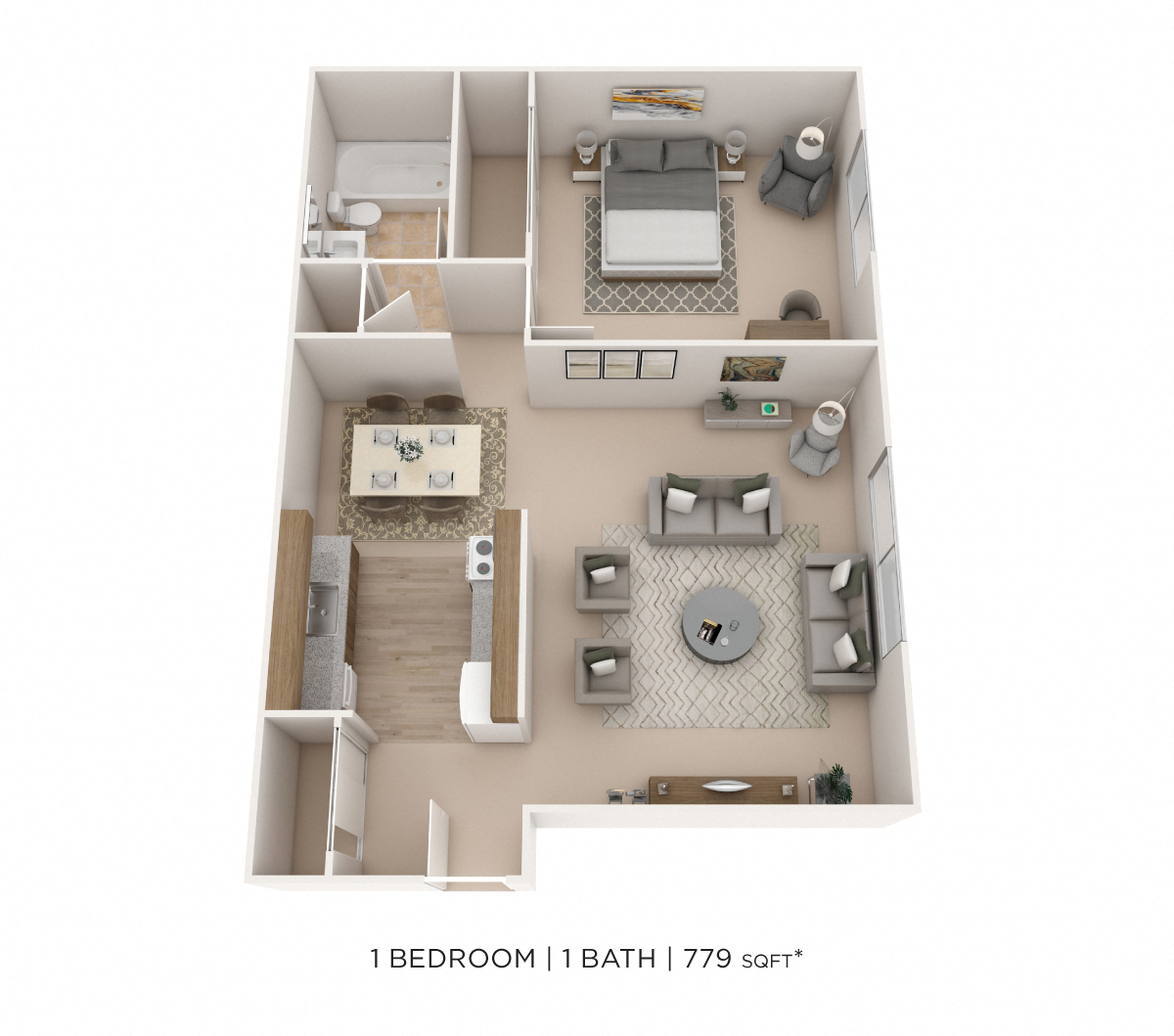 Floor plan for 1 bed, 1 bath, 779 sqft