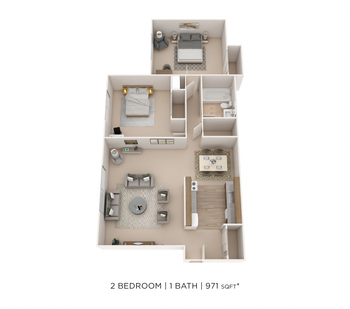 Floor plan for 2 beds, 1 bath, 971 sqft
