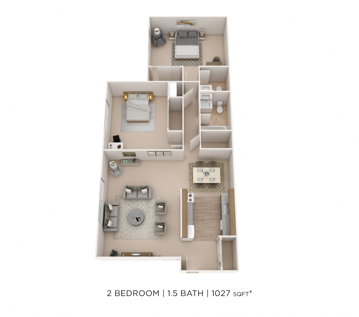 Floor plan for 2 beds, 1.5 baths, 1027 sqft