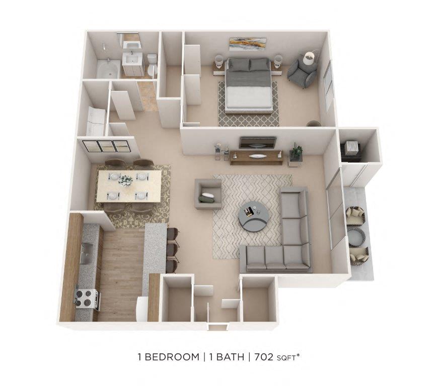 Floor plan for 1 bed, 1 bath, 702 sqft