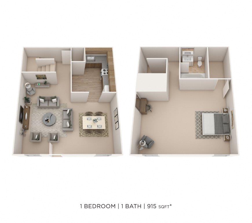 Floor plan for 1 bed, 1.5 baths, 915 sqft