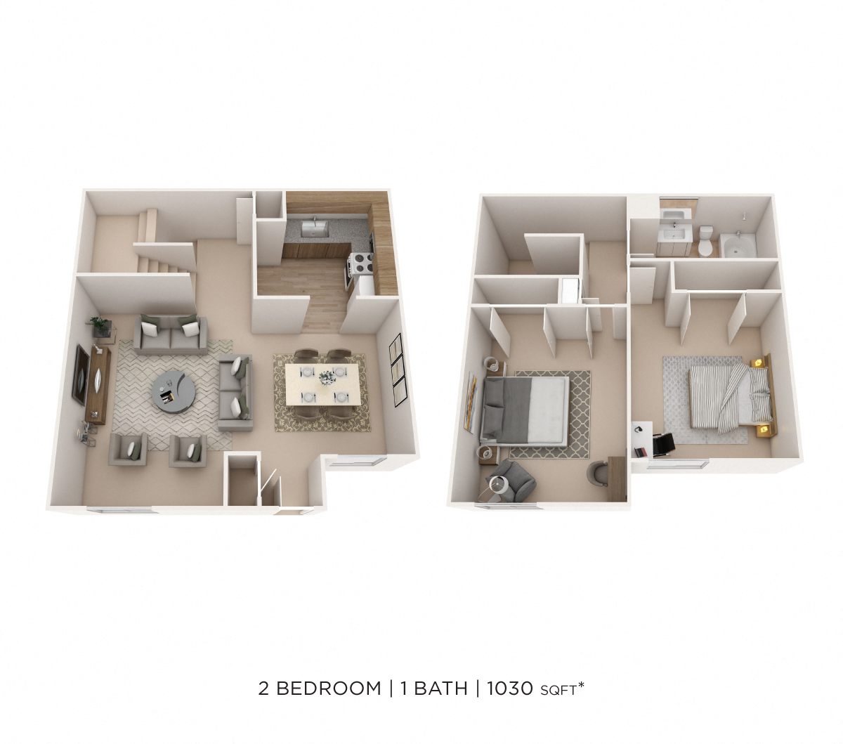 Floor plan for 2 beds, 1.5 baths, 1030 sqft