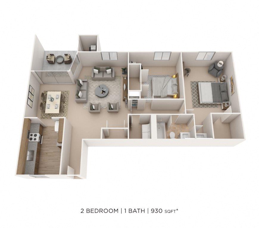 Floor plan for 2 beds, 1 bath, 930 sqft
