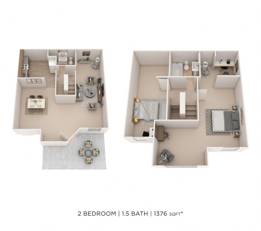 Floor plan for 2 beds, 1.5 baths, 1376 sqft