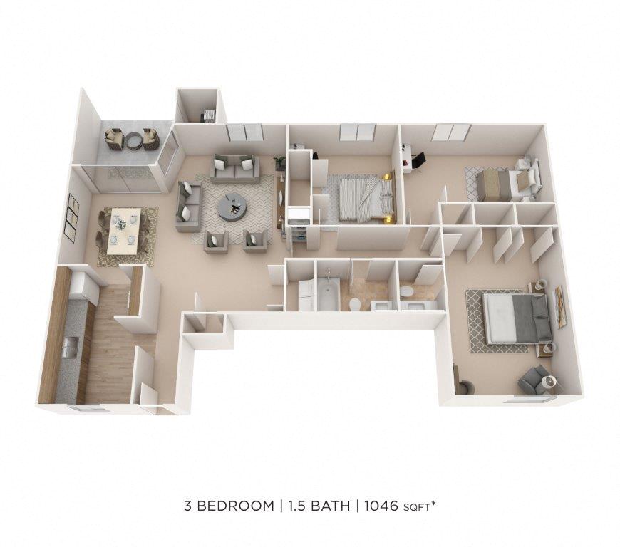 Floor plan for 3 beds, 1.5 baths, 1046 sqft
