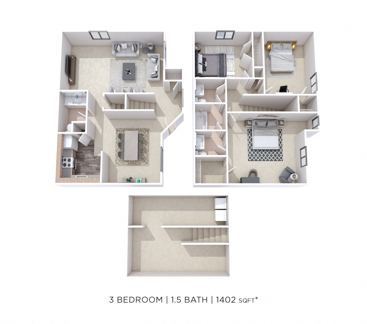 Floor plan for 3 beds, 2.5 baths, 1402 sqft