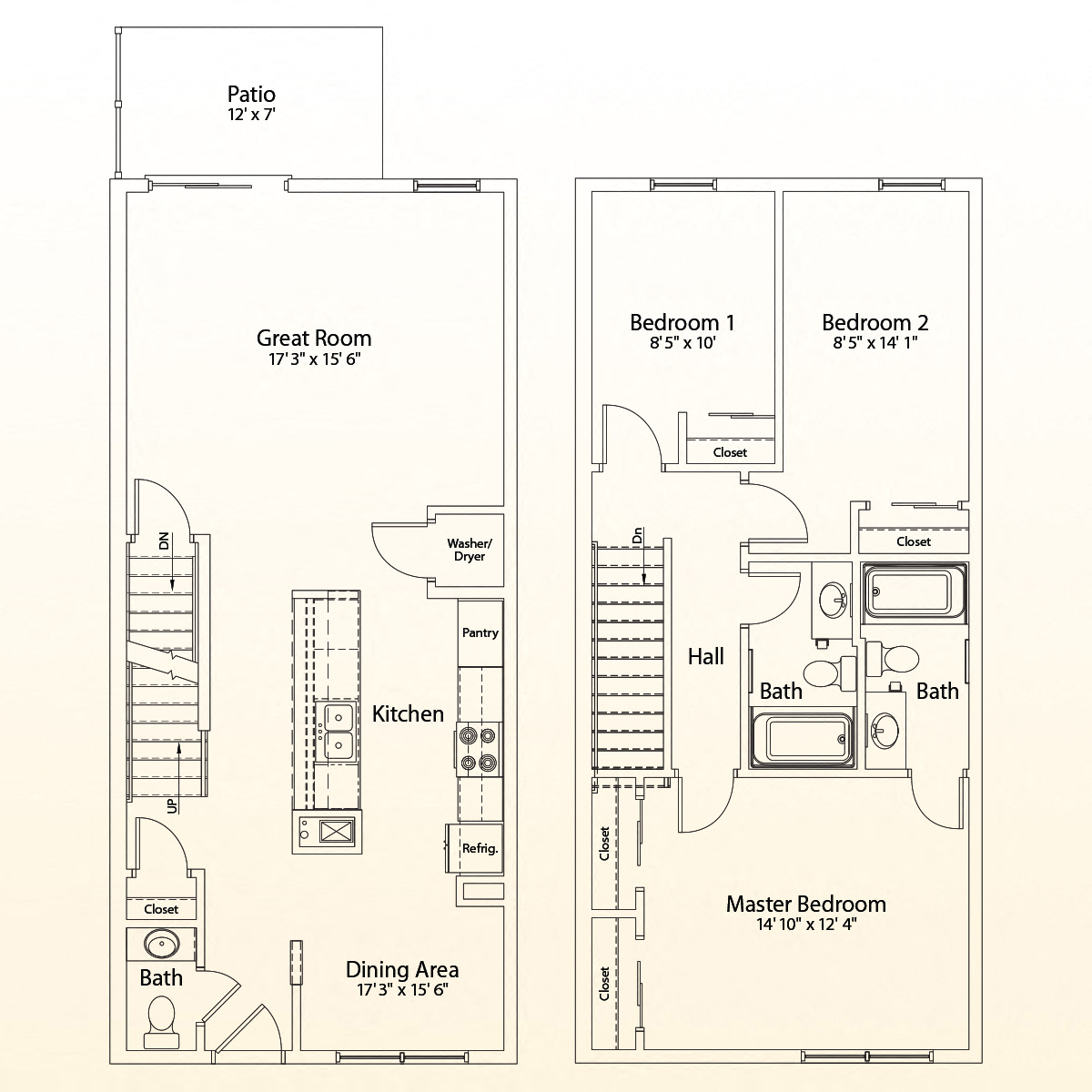 Floor plan for 3 beds, 2.5 baths, 1289 sqft