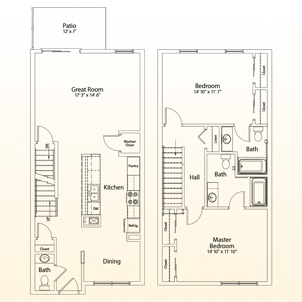 Floor plan for 2 beds, 2.5 baths, 1248 sqft