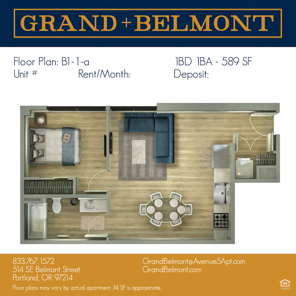 Floor plan for 1 bed, 1 bath, 601 sqft