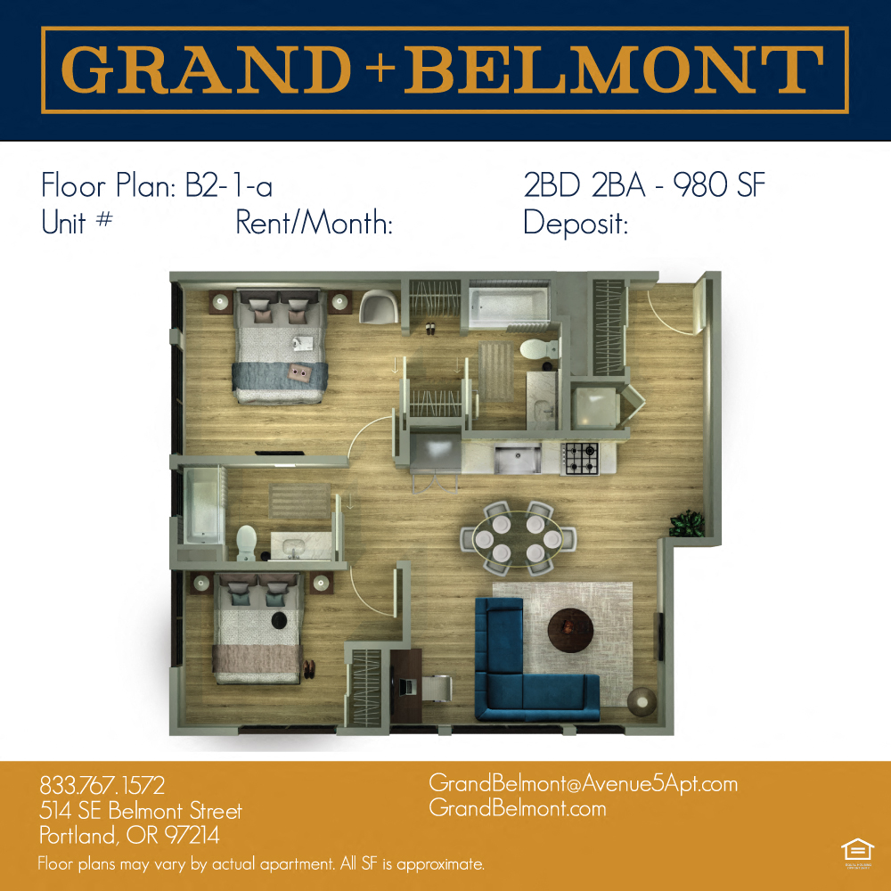Floor plan for 2 beds, 2 baths, 995 sqft
