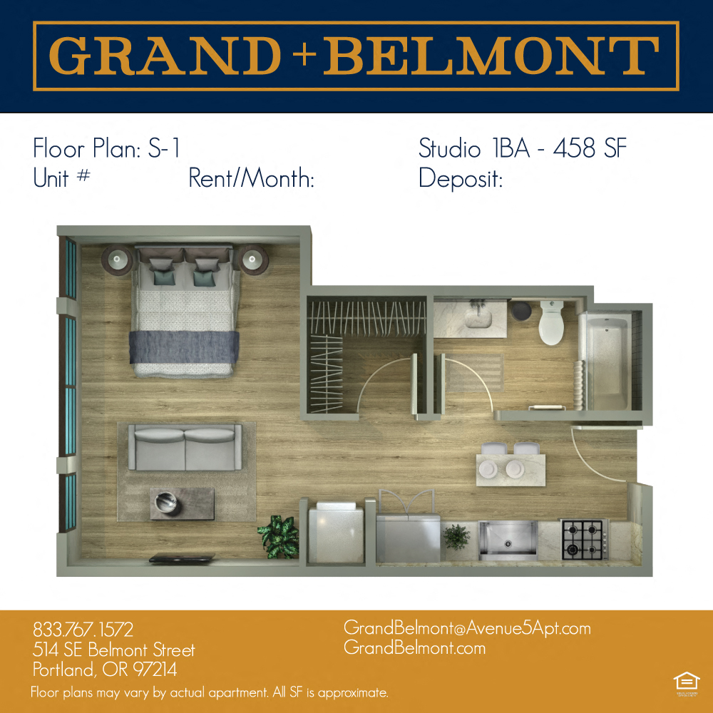 Floor plan for studio, 1 bath, 430 sqft