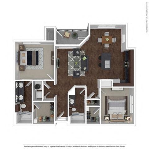Floor plan for 2 beds, 2 baths, 1152 sqft