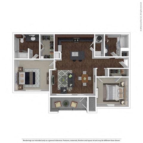 Floor plan for 2 beds, 2 baths, 1061 sqft