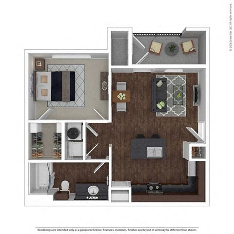 Floor plan for 1 bed, 1 bath, 635 sqft