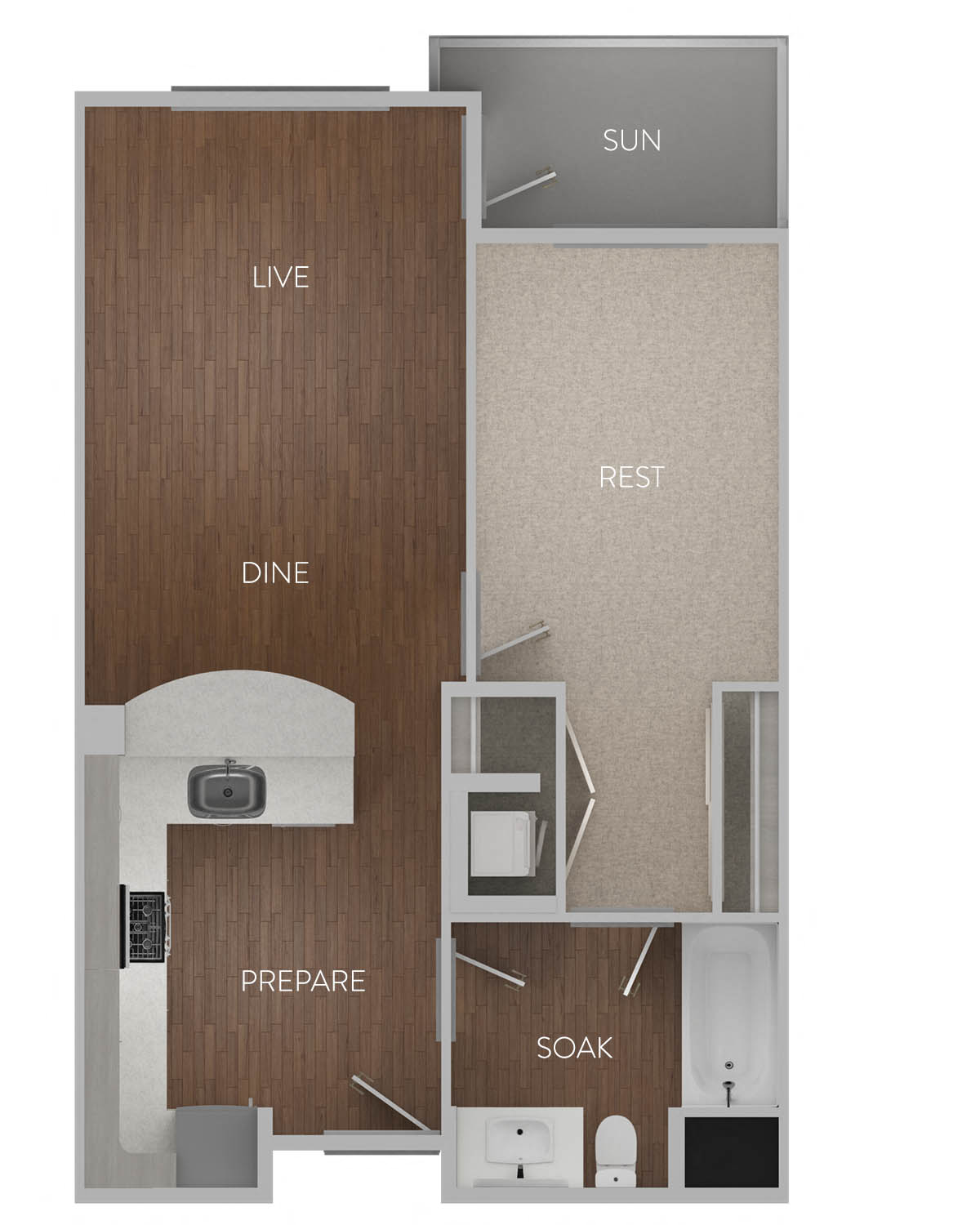 Floor plan for 1 bed, 1 bath, 675 sqft