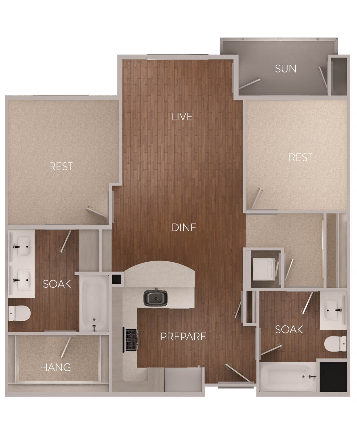 Floor plan for 2 beds, 2 baths, 1049 sqft