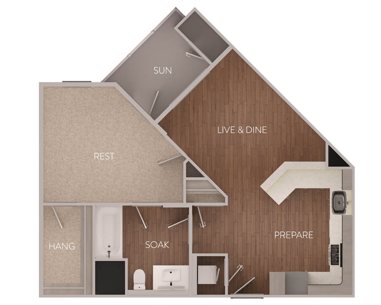 Floor plan for 1 bed, 1 bath, 742 sqft