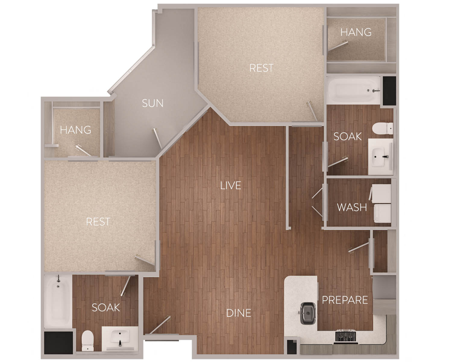 Floor plan for 2 beds, 2 baths, 1165 sqft