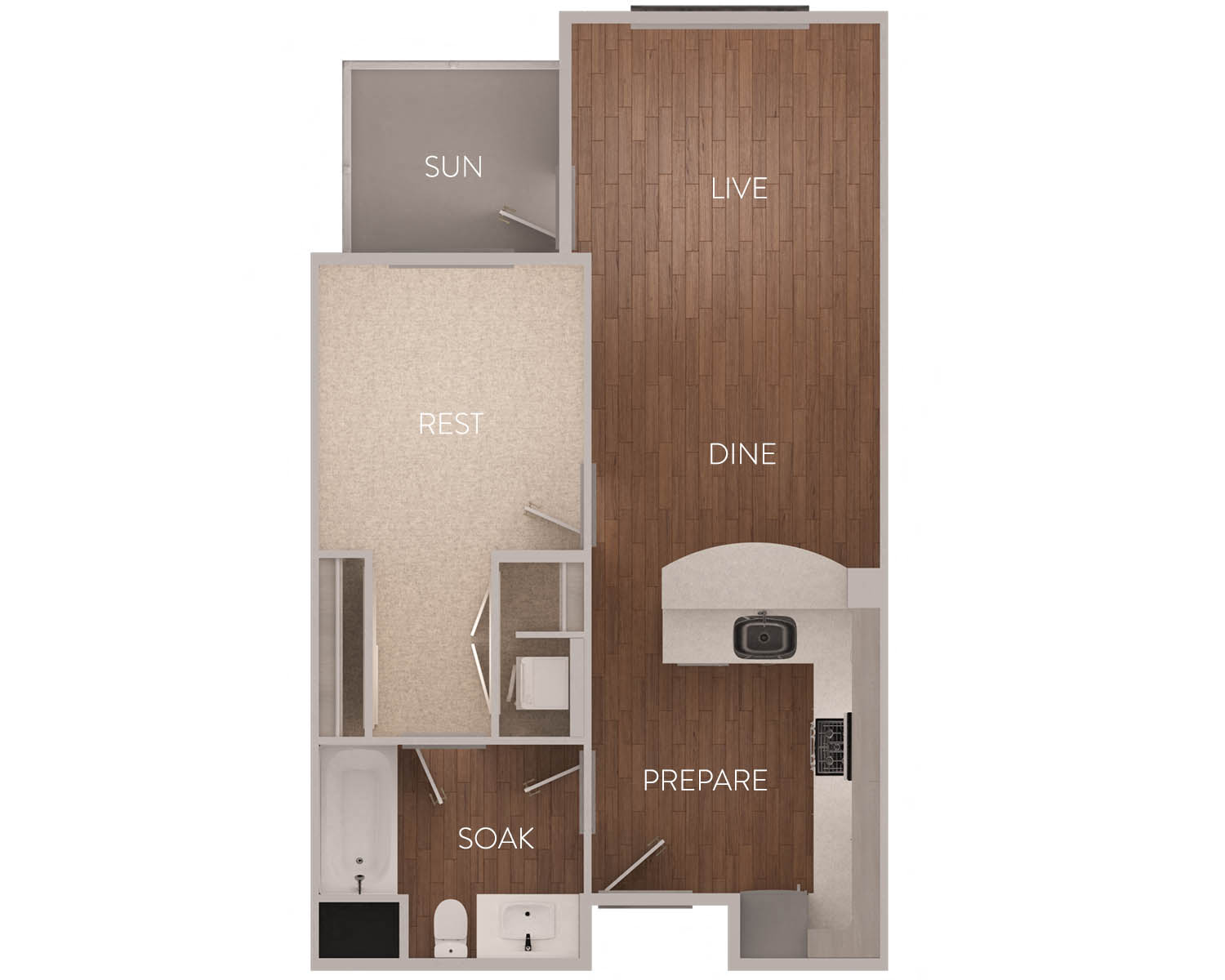 Floor plan for 1 bed, 1 bath, 675 sqft