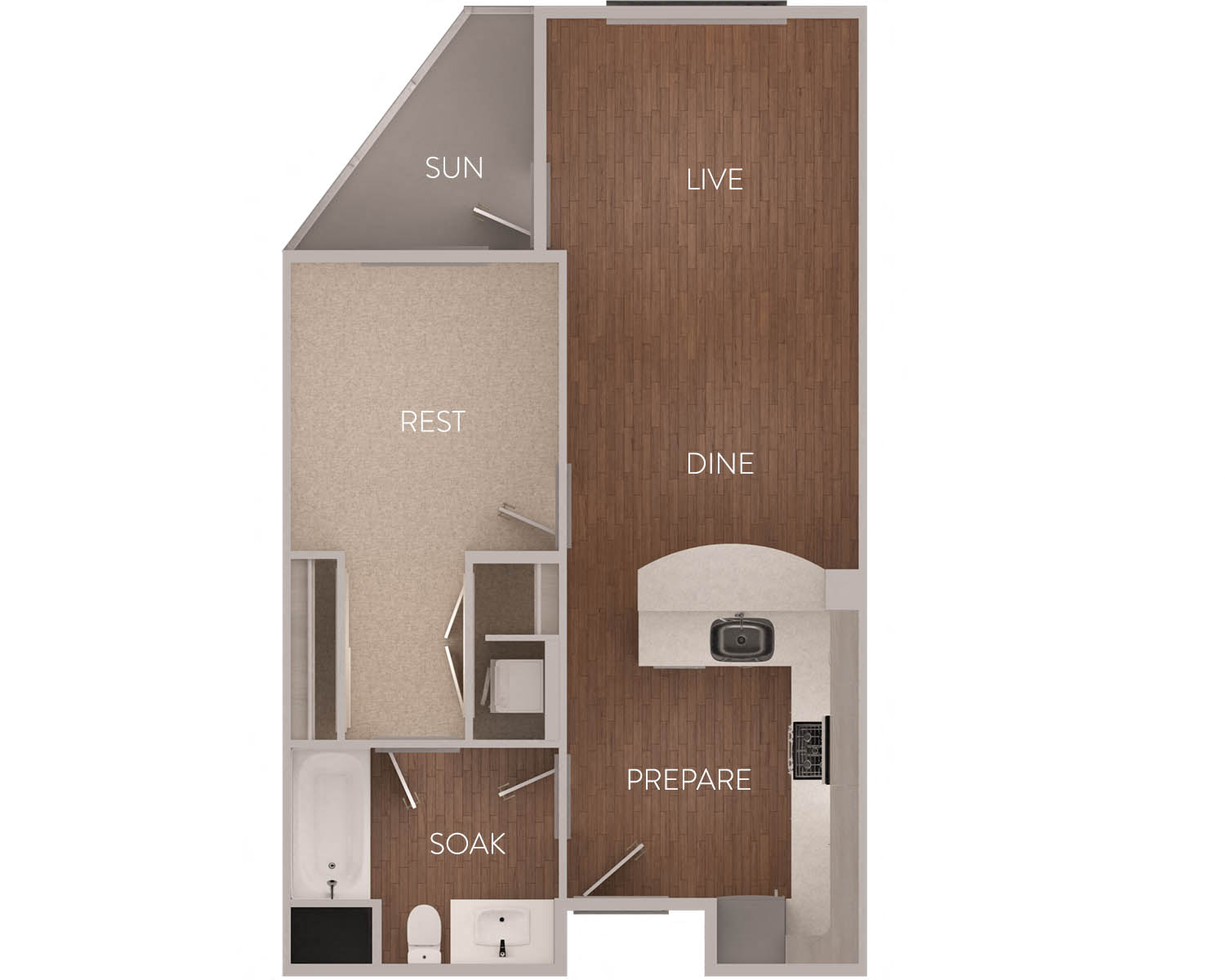 Floor plan for 1 bed, 1 bath, 675 sqft