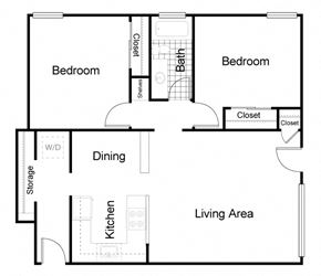 Salt Lake City apartment for rent - A floor plan of a house with two bedrooms, a living area, a kitchen, a dining area, and storage.
