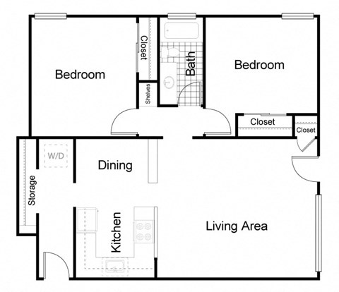Floor plan for 2 beds, 1 bath, 850 sqft