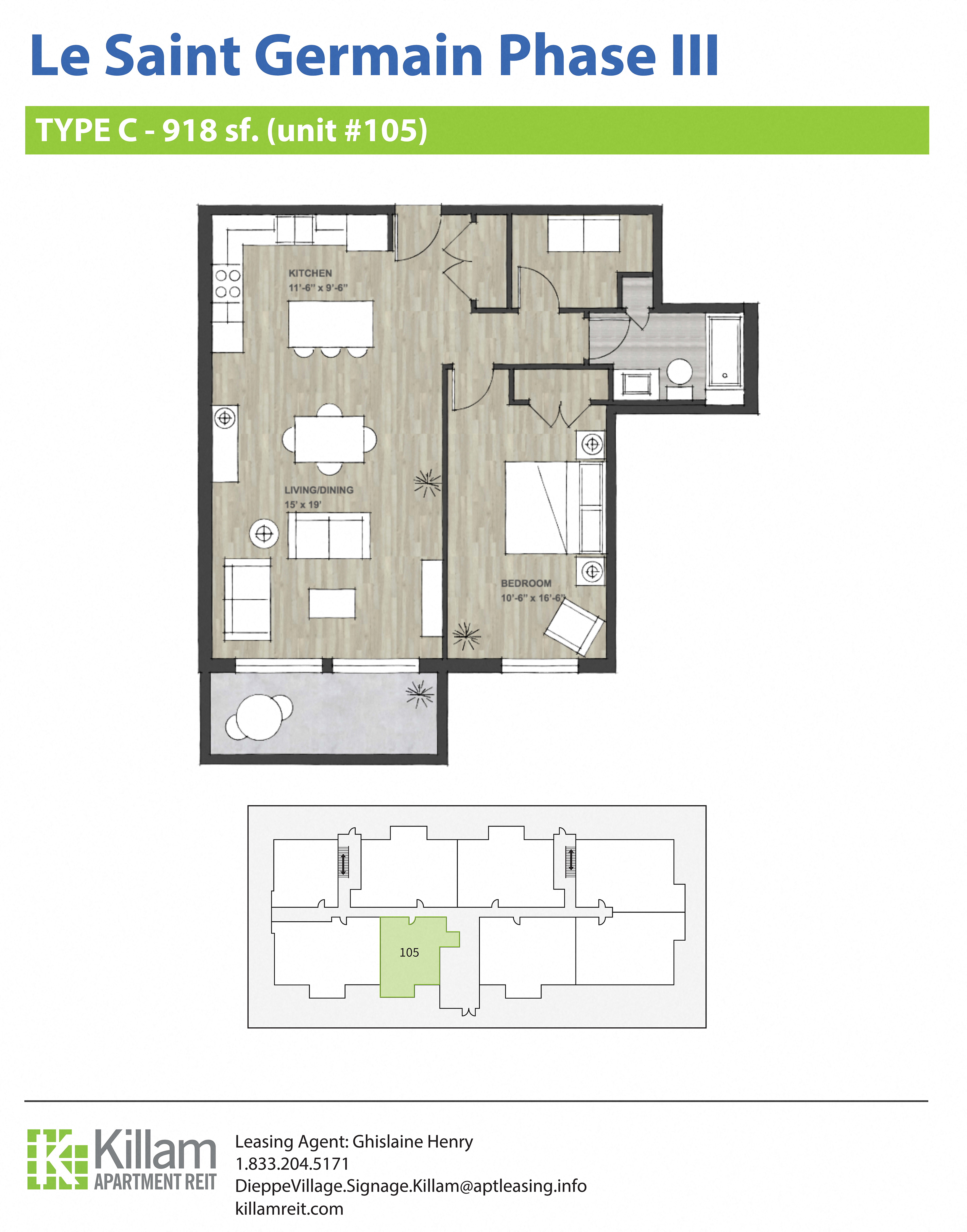 Floor plan for 1 bed, 1 bath, 955 sqft