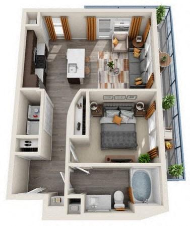 Floor plan for 1 bed, 1 bath, 614 sqft