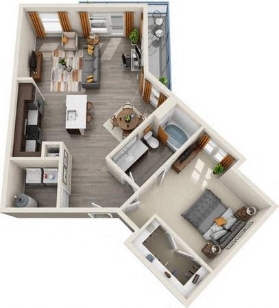 Floor plan for 1 bed, 1 bath, 941 sqft