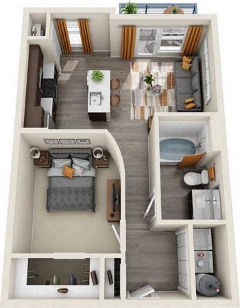 Floor plan for 1 bed, 1 bath, 613 sqft