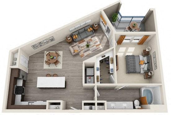 Floor plan for 1 bed, 1 bath, 948 sqft