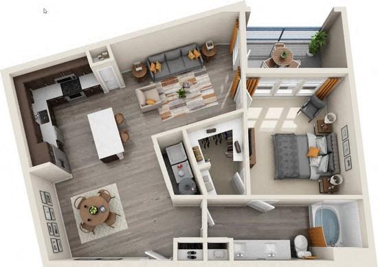 Floor plan for 1 bed, 1 bath, 898 sqft