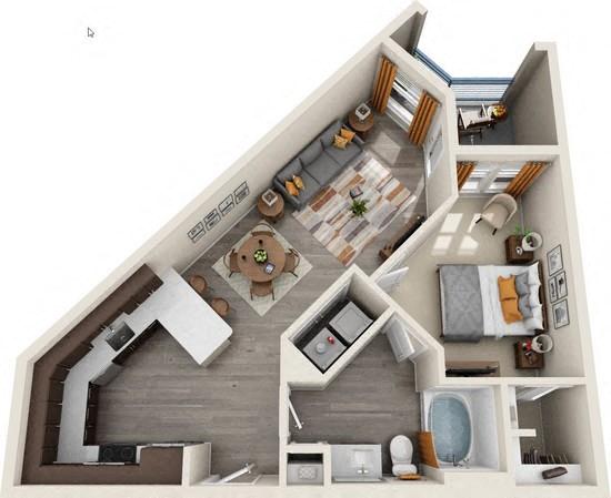 Floor plan for 1 bed, 1 bath, 710 sqft