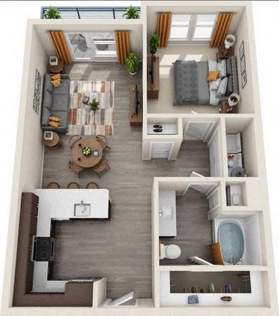 Floor plan for 1 bed, 1 bath, 737 sqft