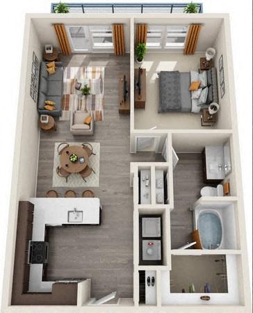 Floor plan for 1 bed, 1 bath, 866 sqft