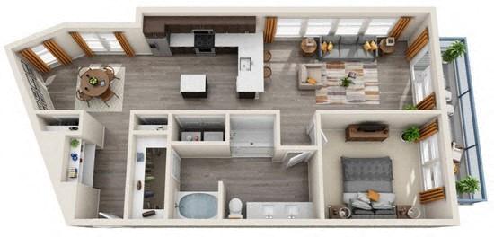 Floor plan for 1 bed, 1 bath, 1001 sqft