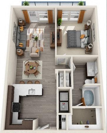 Floor plan for 1 bed, 1 bath, 797 sqft