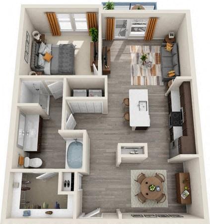 Floor plan for 1 bed, 1 bath, 924 sqft