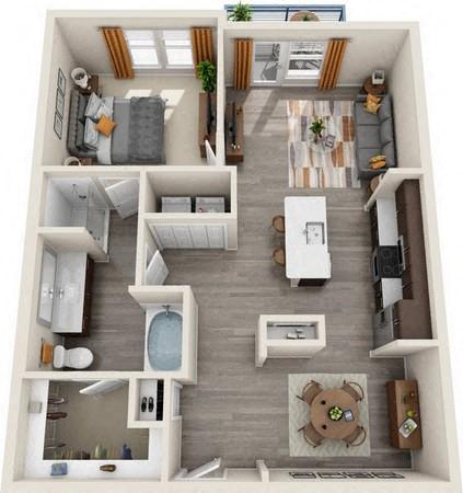 Floor plan for 1 bed, 1 bath, 939 sqft