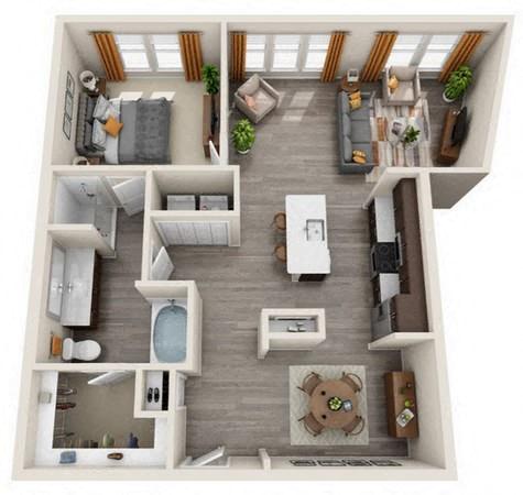 Floor plan for 1 bed, 1 bath, 982 sqft