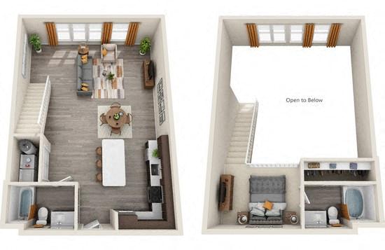 Floor plan for 1 bed, 2 baths, 1038 sqft