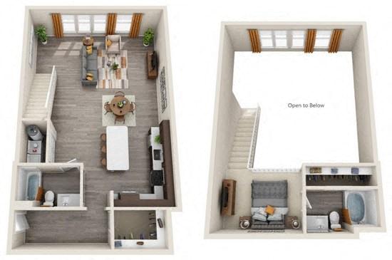 Floor plan for 1 bed, 2 baths, 1162 sqft