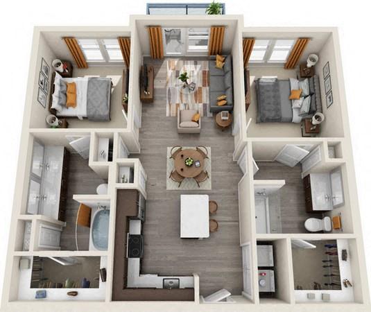 Floor plan for 2 beds, 2 baths, 1001 sqft