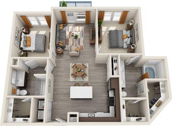 Floor plan for 2 beds, 2 baths, 1197 sqft