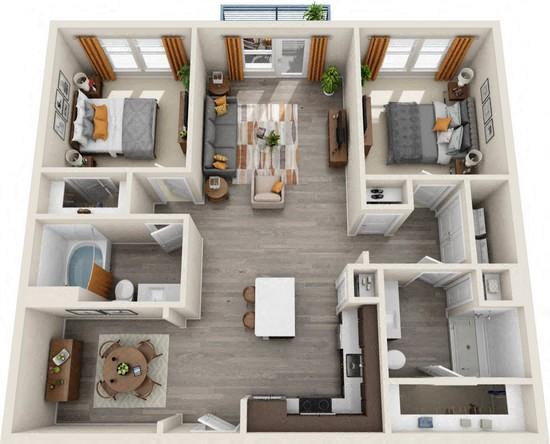 Floor plan for 2 beds, 2 baths, 1155 sqft