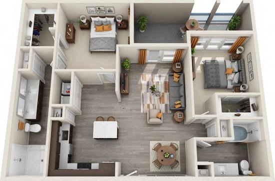 Floor plan for 2 beds, 2 baths, 1195 sqft