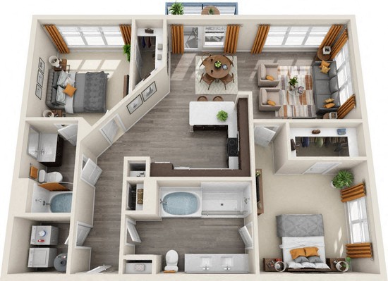 Floor plan for 2 beds, 2 baths, 1325 sqft