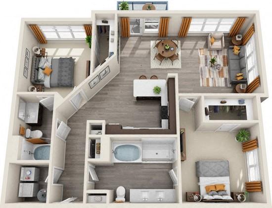 Floor plan for 2 beds, 2 baths, 1355 sqft